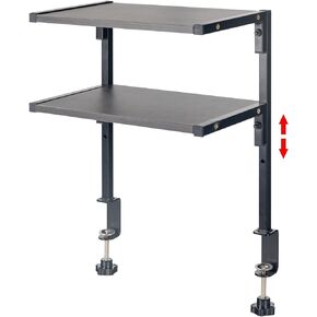 Clamp On Desk Organizer Shelf, 12 Inch Clamp-on Above or Under Desktop Storage Shelf,2 Tier Clip On Shelving Unit for Table Accessories (Black Wood)