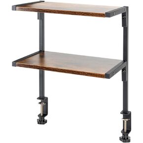 Clamp On Desk Organizer Shelf, 12 Inch Clamp-on Above or Under Desktop Storage Shelf,2 Tier Clip On Shelving Unit for Table Accessories (Black Wood)