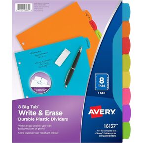 Avery Binder Tabs - 3 Ring Binder Dividers with Tabs - Write & Erase Durable - Plastic Dividers - 8-tab Set - 8 Assorted Colors - Big Tab Dividers for 3 Ring Binder