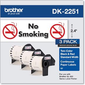 ملصقات بديلة ذات طول مستمر من Brother أصلي DK-22513PK، ملصق أسود/أحمر على شريط ورقي أبيض، مصمم بامتياز، 2.4 بوصة × 50 قدم، (3) لفات في كل صندوق (DK22513PK)
