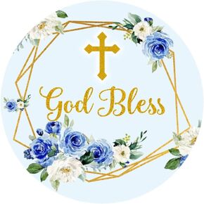Blue and Gold Elegant Floral Cross Stickers God Bless Sticker Labels for Religious Baptism, Confirmation, Christening, First Communion - 2 Inch - 50 Count