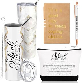 4 Pcs School Counselor Gifts Include 20oz Stainless Steel Tumbler Appreciation Makeup Bag Leather Notebook Thank You Pens Back to School Gift for Educator Teacher(Black)