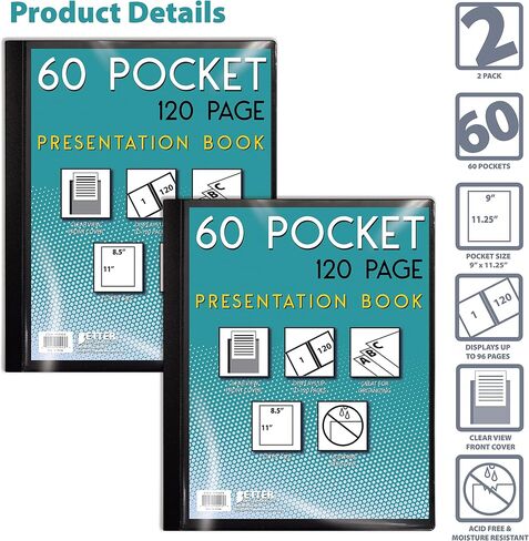 Better Office Products 60 Pocket Bound Black Presentation Book, with Clear View Front Cover, 120 Sheet Protector Pages, 8.5" x 11" Sheets, Art Portfolio, Durable Poly Covers, Letter Size (2 Pack) in Saudi Arabia