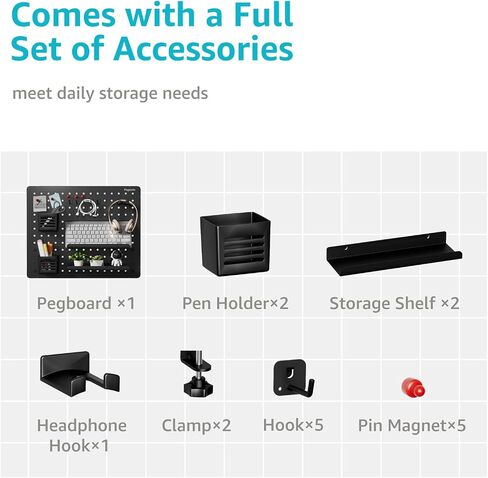 Clamp-on Desk Pegboard, Desk Organizer for Office Gaming Home, Magnetic Metal Peg Board with 15 Accessories, Privacy Panel for Office, 20.4" x 16.5", Large, Black in Kuwait