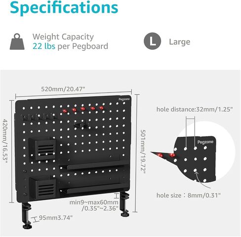 Clamp-on Desk Pegboard, Desk Organizer for Office Gaming Home, Magnetic Metal Peg Board with 15 Accessories, Privacy Panel for Office, 20.4" x 16.5", Large, Black in Kuwait