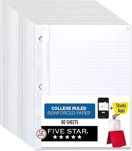 Five Star Loose Leaf Paper Plus Study App, 12 Pack, Notebook Paper, College Ruled Filler Paper, Reinforced, 8.5 x 11, 80 Sheets per Pack (170026-ECM) , White in Saudi Arabia