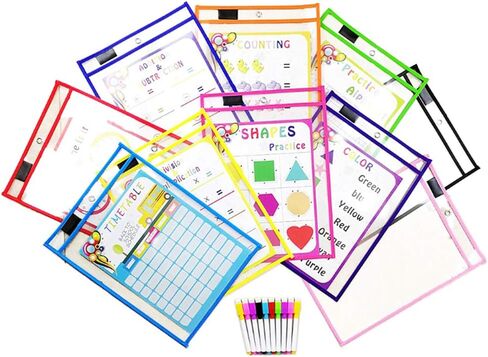 Set of 10 Dry Erase Pocket, Oversize 10" x 14" Multicolored Dry Erase Sleeves, Reusable and Clear Sheet Protectors, Ideal to use at School or at Work, Style A in Saudi Arabia