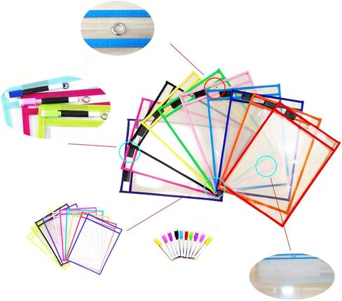 Set of 10 Dry Erase Pocket, Oversize 10" x 14" Multicolored Dry Erase Sleeves, Reusable and Clear Sheet Protectors, Ideal to use at School or at Work, Style A in Saudi Arabia