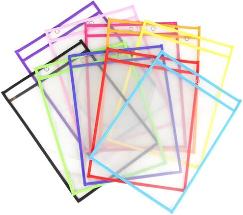 Set of 10 Dry Erase Pocket, Oversize 10" x 14" Multicolored Dry Erase Sleeves, Reusable and Clear Sheet Protectors, Ideal to use at School or at Work, Style A in Saudi Arabia