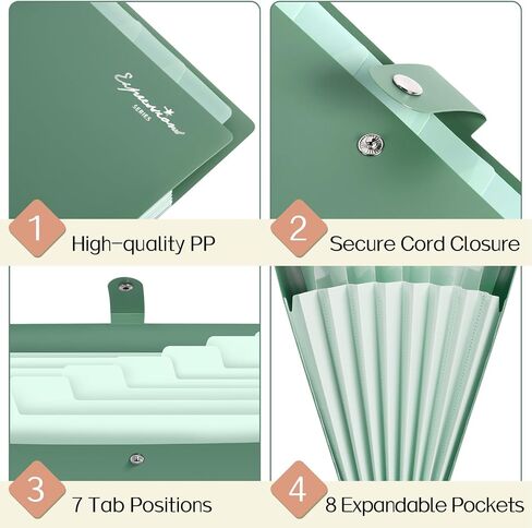 Sooez Elegant Accordion File Organizer with Labels, 8 Pocket Expanding File Folder, Portable Folders for Documents, Cute Paper Organizer for School Office Supplies, Letter Size, Dark Green in Saudi Arabia