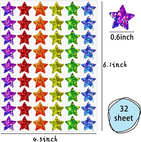 1728 Pcs Holographic Rainbow Star Stickers for Kids Reward,6 Sparkling Colors Small Star Stickers,Reward Chart Star Stickers for School,Home,Classroom Teacher Supplies,0.6" Diameter in Kuwait