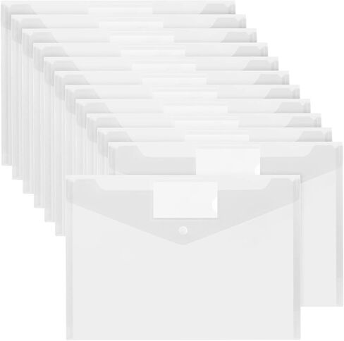 12 حزمة من مظاريف حفظ الملفات البلاستيكية من البوليستر، مظاريف ملفات شفافة بحجم A4 مع ملصق وزر لصق للجيب لتنظيم مكتب العمل المنزلي والمدرسة، 12 لونًا متنوعًا in Kuwait