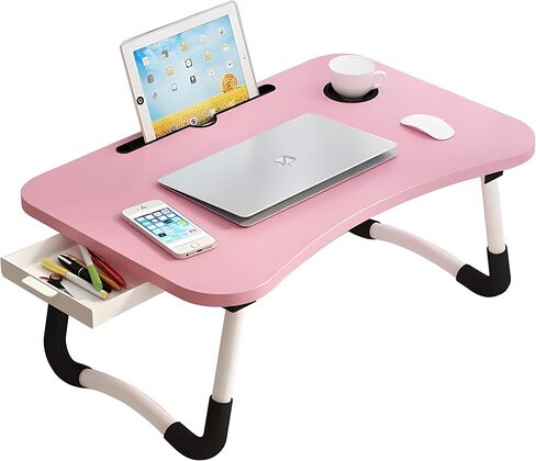 Trophy Portable Laptop Desk for Bed Couch - Foldable Laptop Bed Table with Storage Drawer, Cup Holder and Tab Slot, Lap Tray for Breakfast, Writing, Drawing, Working, Eating (Pink) in Saudi Arabia