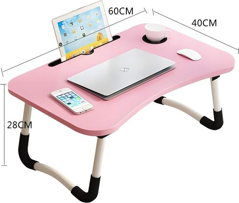 Trophy Portable Laptop Desk for Bed Couch - Foldable Laptop Bed Table with Storage Drawer, Cup Holder and Tab Slot, Lap Tray for Breakfast, Writing, Drawing, Working, Eating (Pink) in Saudi Arabia