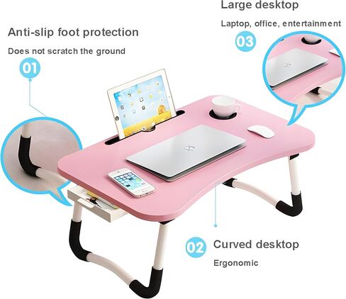 Trophy Portable Laptop Desk for Bed Couch - Foldable Laptop Bed Table with Storage Drawer, Cup Holder and Tab Slot, Lap Tray for Breakfast, Writing, Drawing, Working, Eating (Pink) in Saudi Arabia