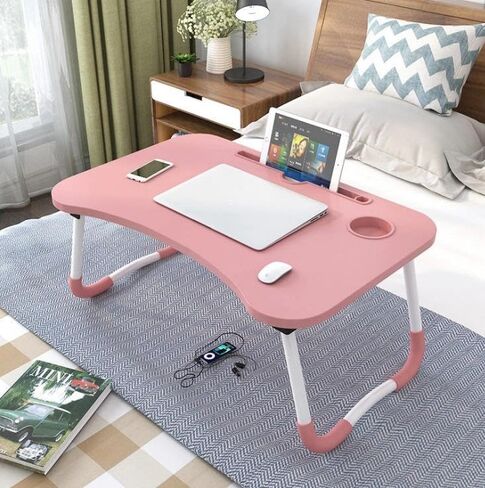 Trophy Portable Laptop Desk for Bed Couch - Foldable Laptop Bed Table with Storage Drawer, Cup Holder and Tab Slot, Lap Tray for Breakfast, Writing, Drawing, Working, Eating (Pink) in Saudi Arabia