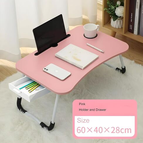 Trophy Portable Laptop Desk for Bed Couch - Foldable Laptop Bed Table with Storage Drawer, Cup Holder and Tab Slot, Lap Tray for Breakfast, Writing, Drawing, Working, Eating (Pink) in Saudi Arabia