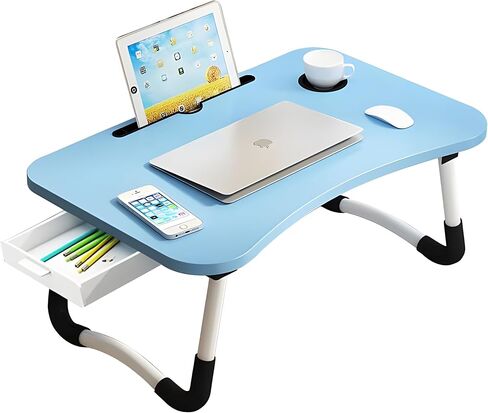 Trophy Portable Laptop Desk for Bed Couch - Foldable Laptop Bed Table with Storage Drawer, Cup Holder and Tab Slot, Lap Tray for Breakfast, Writing, Drawing, Working, Eating (Pink) in Saudi Arabia
