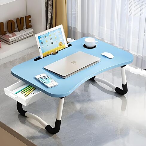 Trophy Portable Laptop Desk for Bed Couch - Foldable Laptop Bed Table with Storage Drawer, Cup Holder and Tab Slot, Lap Tray for Breakfast, Writing, Drawing, Working, Eating (Pink) in Saudi Arabia