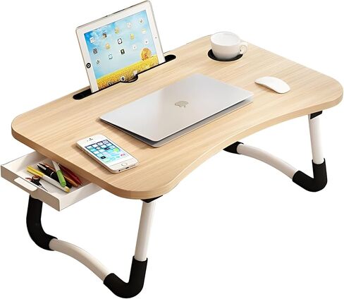 Trophy Portable Laptop Desk for Bed Couch - Foldable Laptop Bed Table with Storage Drawer, Cup Holder and Tab Slot, Lap Tray for Breakfast, Writing, Drawing, Working, Eating (Pink) in Saudi Arabia