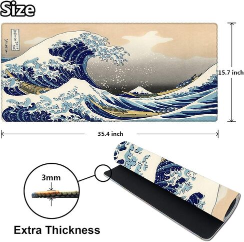 لوحة ماوس كبيرة للألعاب Kanagawa Wave (35.4×15.7 بوصة، سمك 3 مم)، قاعدة مطاطية غير قابلة للانزلاق وحواف قفل معززة، لوحة ماوس ممتدة مقاس XXL للعمل والألعاب وحصيرة المكتب وتزيين سطح المكتب in Saudi Arabia