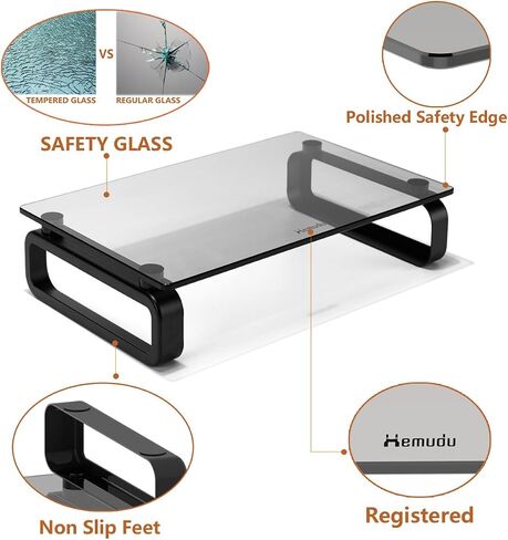 Hemudu Clear Computer Monitor Stand Riser Multi Media Desktop Stand for Flat Screen LCD LED TV, Laptop/Notebook, with Tempered Glass and Metal Legs, HD02T-001 in Kuwait