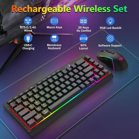 Redragon Wireless Gaming Keyboard and Mouse Combo, Bluetooth/2.4G/USB-C, RGB Backlit, Macro Keys, Rechargeable, Software Support, 60% Portable Quiet Membrane Keyboard & 12800 DPI Mouse in Saudi Arabia