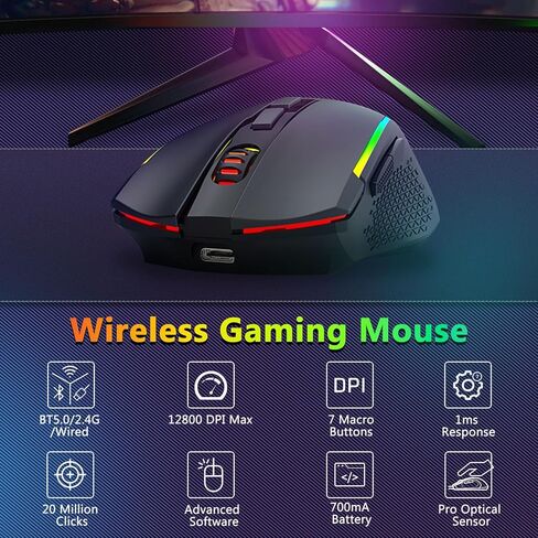 Redragon Wireless Gaming Keyboard and Mouse Combo, Bluetooth/2.4G/USB-C, RGB Backlit, Macro Keys, Rechargeable, Software Support, 60% Portable Quiet Membrane Keyboard & 12800 DPI Mouse in Saudi Arabia