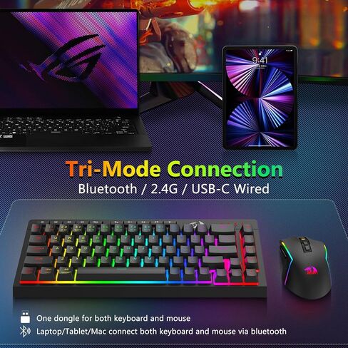Redragon Wireless Gaming Keyboard and Mouse Combo, Bluetooth/2.4G/USB-C, RGB Backlit, Macro Keys, Rechargeable, Software Support, 60% Portable Quiet Membrane Keyboard & 12800 DPI Mouse in Saudi Arabia