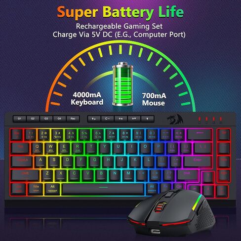 Redragon Wireless Gaming Keyboard and Mouse Combo, Bluetooth/2.4G/USB-C, RGB Backlit, Macro Keys, Rechargeable, Software Support, 60% Portable Quiet Membrane Keyboard & 12800 DPI Mouse in Saudi Arabia