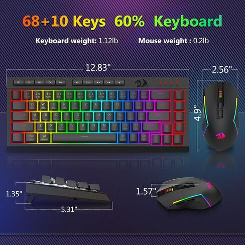 Redragon Wireless Gaming Keyboard and Mouse Combo, Bluetooth/2.4G/USB-C, RGB Backlit, Macro Keys, Rechargeable, Software Support, 60% Portable Quiet Membrane Keyboard & 12800 DPI Mouse in Saudi Arabia