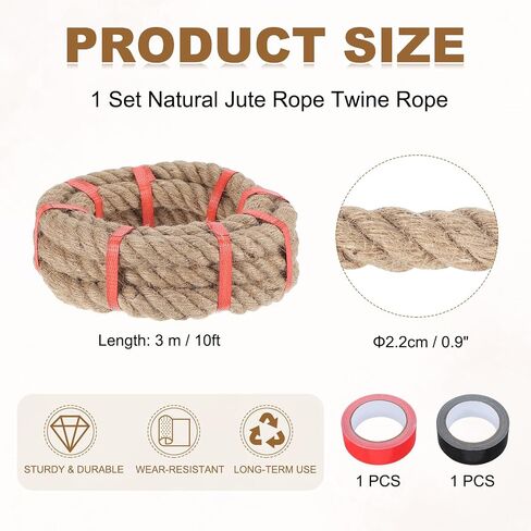 Meccanixity Jute Rope 30ft × 0.87 بوصة ، حبل حبل خيوط سميكة مضفر الجوت خيوط الحبل البني الطبيعية in Saudi Arabia