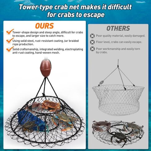 Qualyqualy Crab Ring Trap Net ، Ring Crab Kit Robster Hoop ، قفص سرطان البحر المطوي المحمولة ، وملحقات سرطان البحر مع الطعم ، شبكات السلطعون الثقيلة لسرطان البحر in Kuwait
