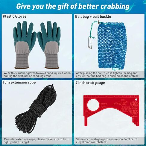 Qualyqualy Crab Ring Trap Net ، Ring Crab Kit Robster Hoop ، قفص سرطان البحر المطوي المحمولة ، وملحقات سرطان البحر مع الطعم ، شبكات السلطعون الثقيلة لسرطان البحر in Kuwait