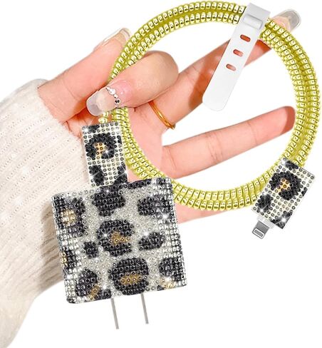 CameCosy Charger Cable Protector Set Compatible with iPhone 18/20W Power Adapter, Data Cable Wire Saver for USB Type-C/L, Charger Plug Protector with Leopard-print Diamond Design for Women-Black White in Saudi Arabia
