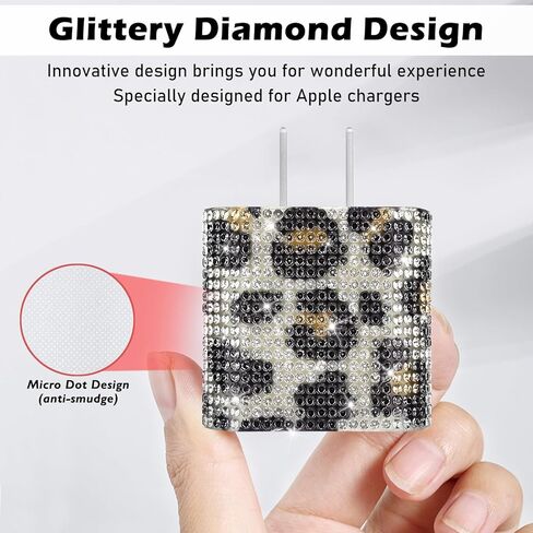 CameCosy Charger Cable Protector Set Compatible with iPhone 18/20W Power Adapter, Data Cable Wire Saver for USB Type-C/L, Charger Plug Protector with Leopard-print Diamond Design for Women-Black White in Saudi Arabia