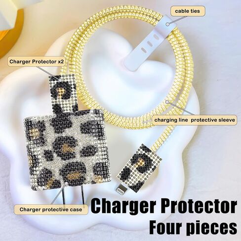 CameCosy Charger Cable Protector Set Compatible with iPhone 18/20W Power Adapter, Data Cable Wire Saver for USB Type-C/L, Charger Plug Protector with Leopard-print Diamond Design for Women-Black White in Saudi Arabia