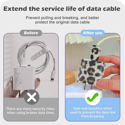 CameCosy Charger Cable Protector Set Compatible with iPhone 18/20W Power Adapter, Data Cable Wire Saver for USB Type-C/L, Charger Plug Protector with Leopard-print Diamond Design for Women-Black White in Saudi Arabia