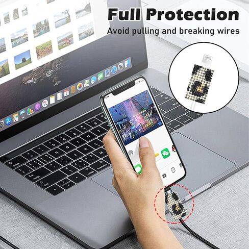 CameCosy Charger Cable Protector Set Compatible with iPhone 18/20W Power Adapter, Data Cable Wire Saver for USB Type-C/L, Charger Plug Protector with Leopard-print Diamond Design for Women-Black White in Saudi Arabia