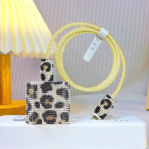 CameCosy Charger Cable Protector Set Compatible with iPhone 18/20W Power Adapter, Data Cable Wire Saver for USB Type-C/L, Charger Plug Protector with Leopard-print Diamond Design for Women-Black White in Saudi Arabia