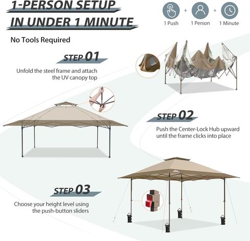 EAGLE PEAK 13x13 Pop Up Canopy Tent, Auto Extended Eaves, Gray | Easy Setup, Heavy Duty Outdoor Canopy Tent, Pop Up Gazebo for Backyard, Patio, Camping & Parties, Wheeled Carry Bag, UPF 50+ in Kuwait