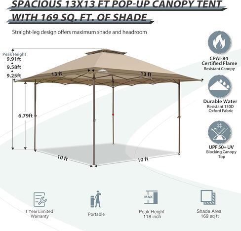 EAGLE PEAK 13x13 Pop Up Canopy Tent, Auto Extended Eaves, Gray | Easy Setup, Heavy Duty Outdoor Canopy Tent, Pop Up Gazebo for Backyard, Patio, Camping & Parties, Wheeled Carry Bag, UPF 50+ in Kuwait