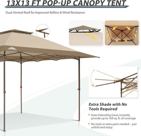 EAGLE PEAK 13x13 Pop Up Canopy Tent, Auto Extended Eaves, Gray | Easy Setup, Heavy Duty Outdoor Canopy Tent, Pop Up Gazebo for Backyard, Patio, Camping & Parties, Wheeled Carry Bag, UPF 50+ in Kuwait