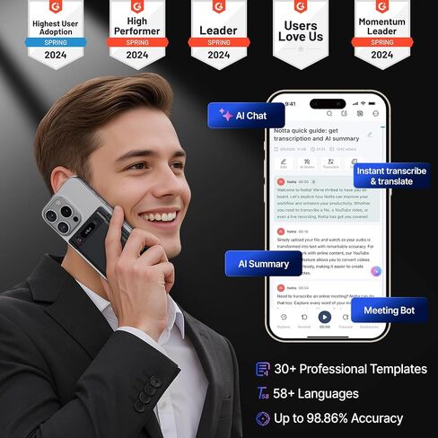 AI Voice Recorder, Notta Memo Digital Voice Recorder w/Case, AI Transcription & Summary of Global Main Languages, 2000h Recording Memory, One-Press Recording for Calls, Meetings, Interviews, Lectures in Saudi Arabia