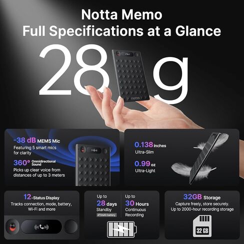 AI Voice Recorder, Notta Memo Digital Voice Recorder w/Case, AI Transcription & Summary of Global Main Languages, 2000h Recording Memory, One-Press Recording for Calls, Meetings, Interviews, Lectures in Saudi Arabia