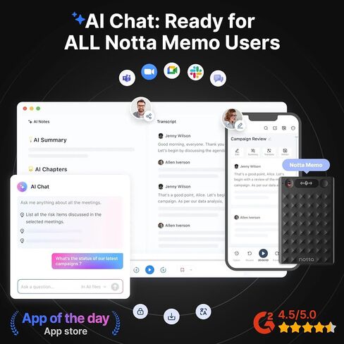 AI Voice Recorder, Notta Memo Digital Voice Recorder w/Case, AI Transcription & Summary of Global Main Languages, 2000h Recording Memory, One-Press Recording for Calls, Meetings, Interviews, Lectures in Saudi Arabia