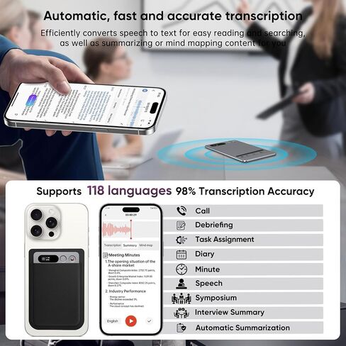 AI Voice Recorder, Mini Audio Recorder with AI Transcription and Summary to Mind Maps, App Control, 64 GB Memory, Supports 118 Languages - Great for Presentations, Learning, Meetings, Calls in Saudi Arabia