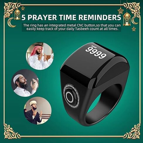 Zikr Ring- Clock Digital Digital Azan Clock ، عداد إصبع Tasbih الرقمي مع شاشة OLED ، مقاوم للماء ، عداد دعم التطبيق الذكي (أسود ، 8 بوصات) in Saudi Arabia