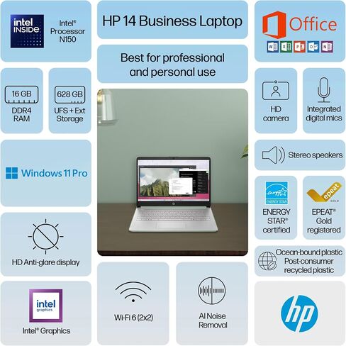 HP 14" Laptop 2025 Business Student Slim Computer, Lifetime MS Office, Copilot AI, Quad-Core Intel CPU, 16GB RAM, 628GB Storage (128GB UFS+500GB Ext), MarxsolAccessory, Wi-Fi 6, Win 11 Pro, Silver in Saudi Arabia