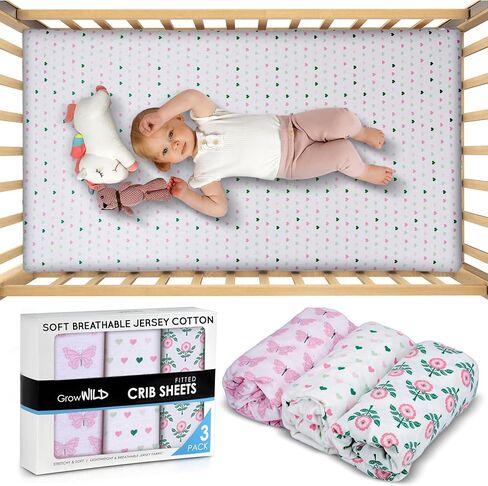GROW WILD Unicorn Crib Sheets 3 Pack - Soft & Stretchy Jersey Cotton Fitted Baby Crib Sheets for Girls, White Pink Purple Toddler Bed Sheets - Cute Crib Sheets for Baby Girl - Crib Sheets Girl in Kuwait